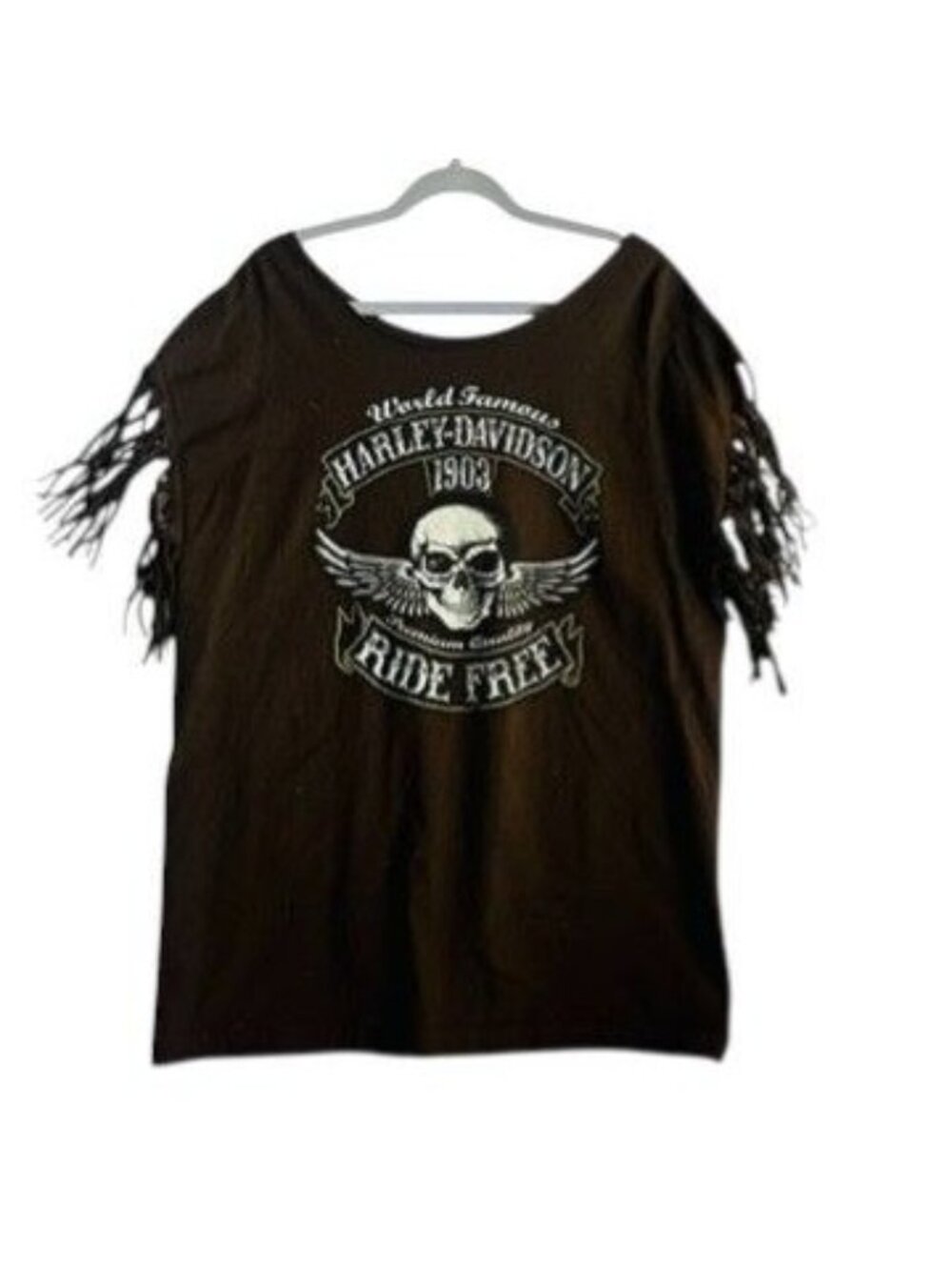 Harley-Davidson Women's Ride Free Winged Skull Fringe Sleeve T-Shirt Brown